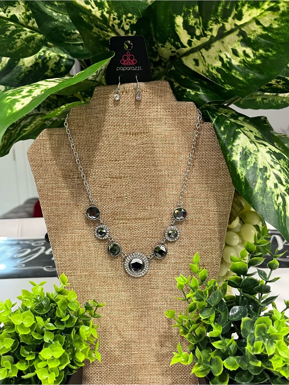 Paparazzi Silver and smoked gray Black Sparkling Circle Necklace and Earring Set